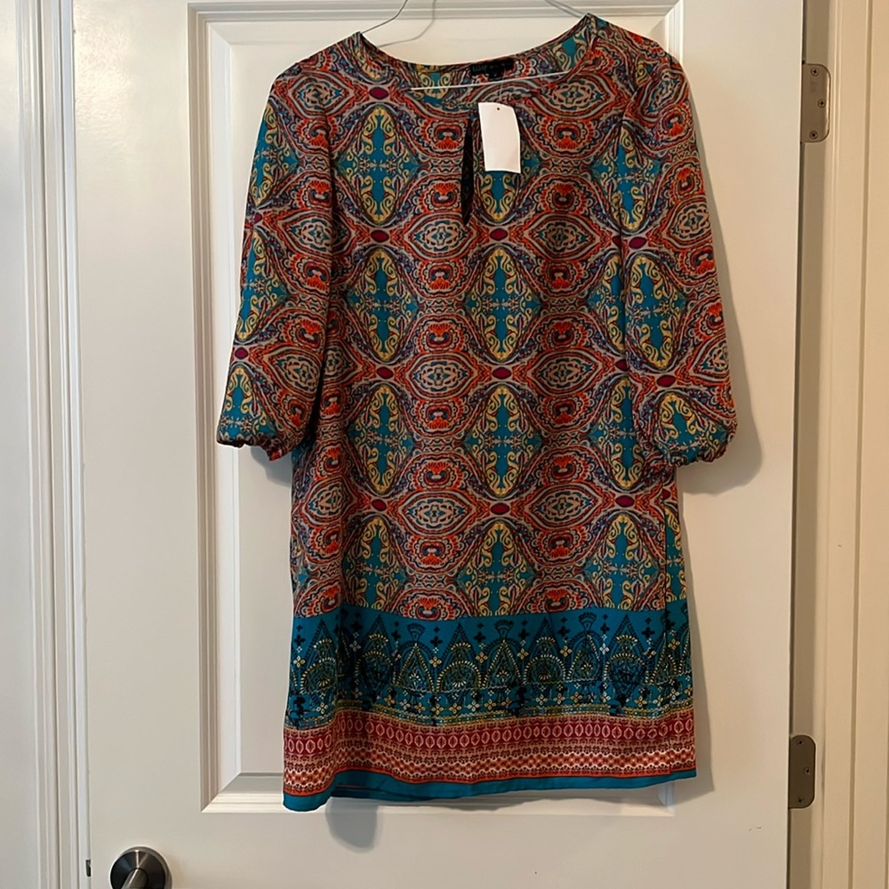 NWT Bebop Size M Knee Length Shift Dress Teal Orange & Brown with Groovy Pattern